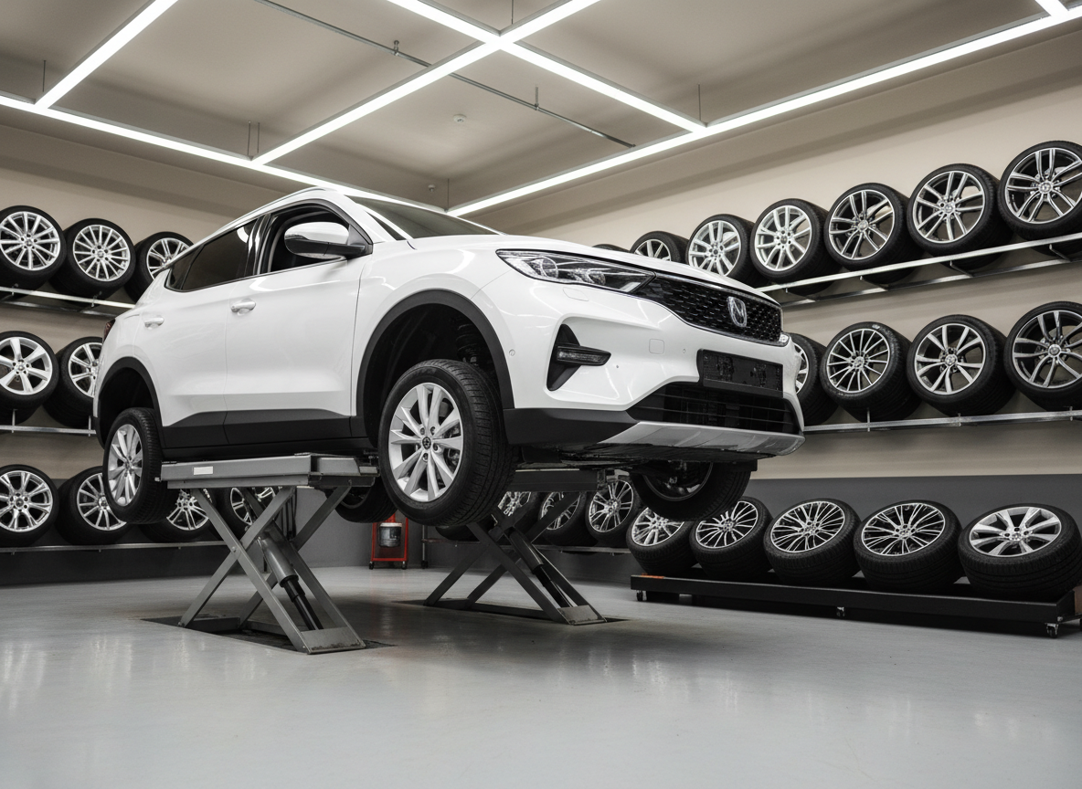 A meticulously clean service bay featuring a white compact SUV lifted mid-air on a modern two-post lift, with all four wheels removed and carefully aligned on a low, rubber-protected platform nearby. The exposed brake systems and suspension components are clearly visible in crisp detail. The background shows organized wall-mounted racks with neatly hung tires and alloy wheels of various sizes, all symmetrically arranged. Bright, neutral LED lighting from above creates an evenly illuminated environment with minimal shadows, highlighting the metallic textures and tire treads. Shot from a slightly low, three-quarter angle to emphasize the vehicle’s undercarriage and the workshop’s height, the composition follows the rule of thirds, presenting a professional, efficient, and trustworthy automotive maintenance setting in photographic realism.